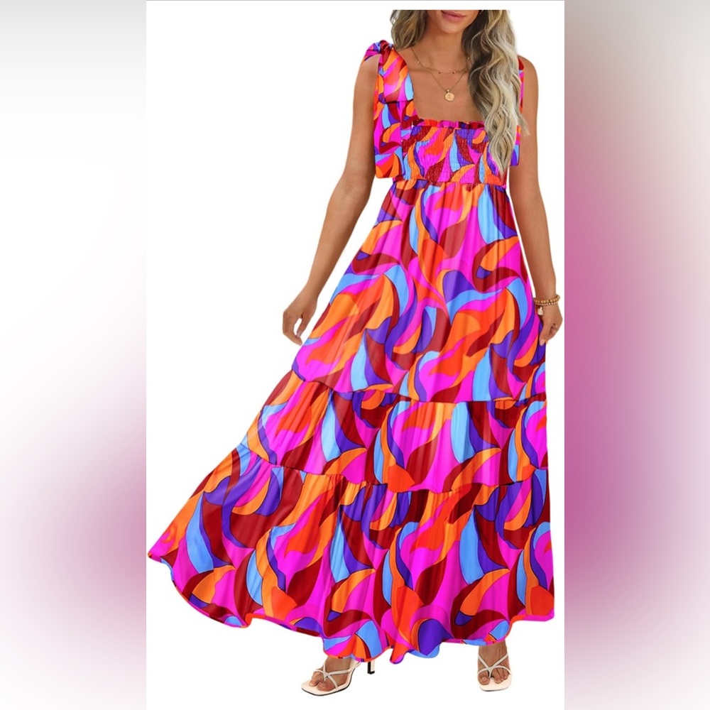 Boho Spaghetti Straps Casual Long A-line Smocked Beach Dress Square Neck Flowy